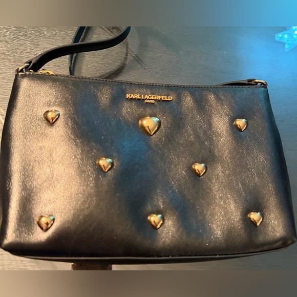 Karl Lagerfeld Paris Karolina Heart Studded Crossbody,Purse Black Leather(sample - Picture 4 of 16